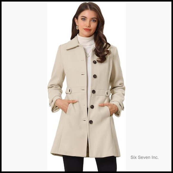 Polyester Pea Coat Overcoat with Pockets and Belted Cuffs